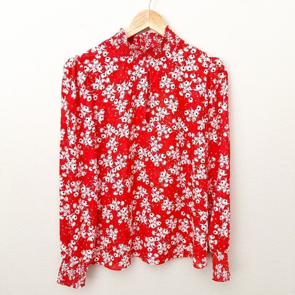 SOCIALITE x‎ NORDSTROM | Red White Floral Blouse High Neck Smocked | Size Medium